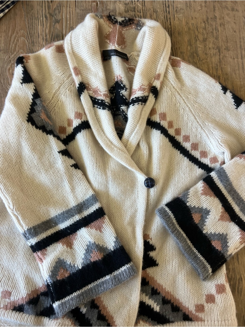 360 Cashmere Shawl Collar Cardigan - Cream, Black & Tan